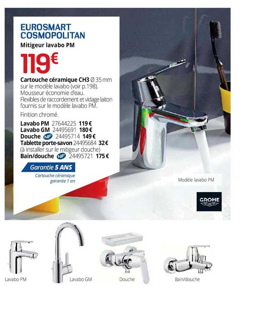 mitigeur lavabo pm eurosmart cosmopolitan, lavabo pm, lavabo gm, douche, tablette porte-savon, bain douche nf