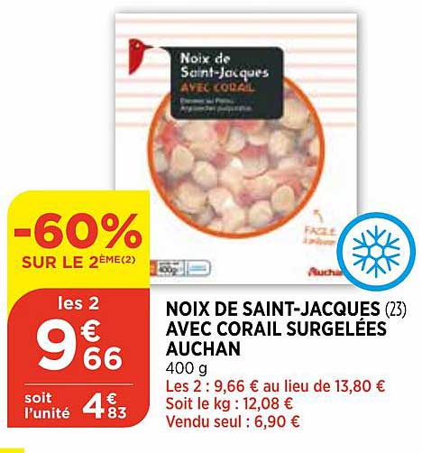 noix de saint jacques avec corail surgelées auchan -60% sur le 2ème