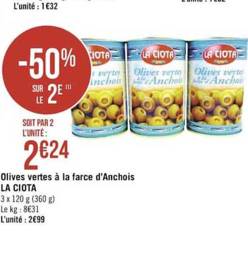 olives vertes à la farce d'anchois la ciota -50% sur le 2e