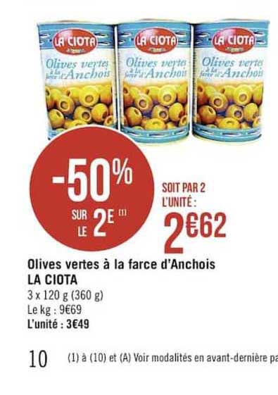 olives vertes à la farce d'anchois la ciota -50% sur le 2ème