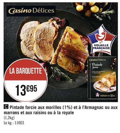 pintade farcie aux morilles (1%) et à l'armagnac ou aux marrons et aux raisins ou à la royale