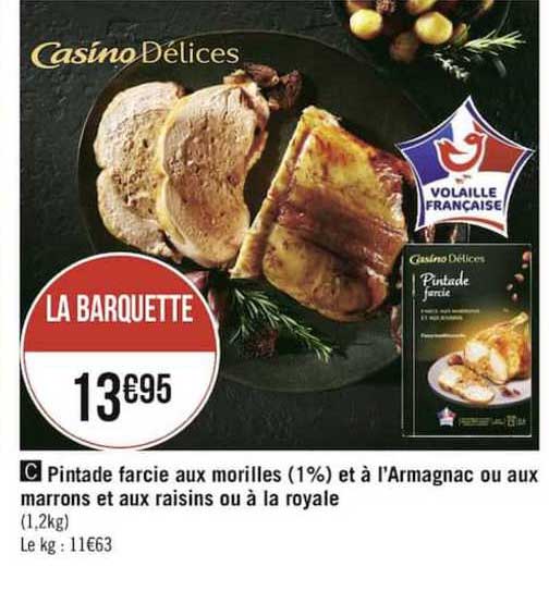 pintade farcie aux morilles (1%) et à l'armagnac ou aux marrons et aux raisins ou à la royale
