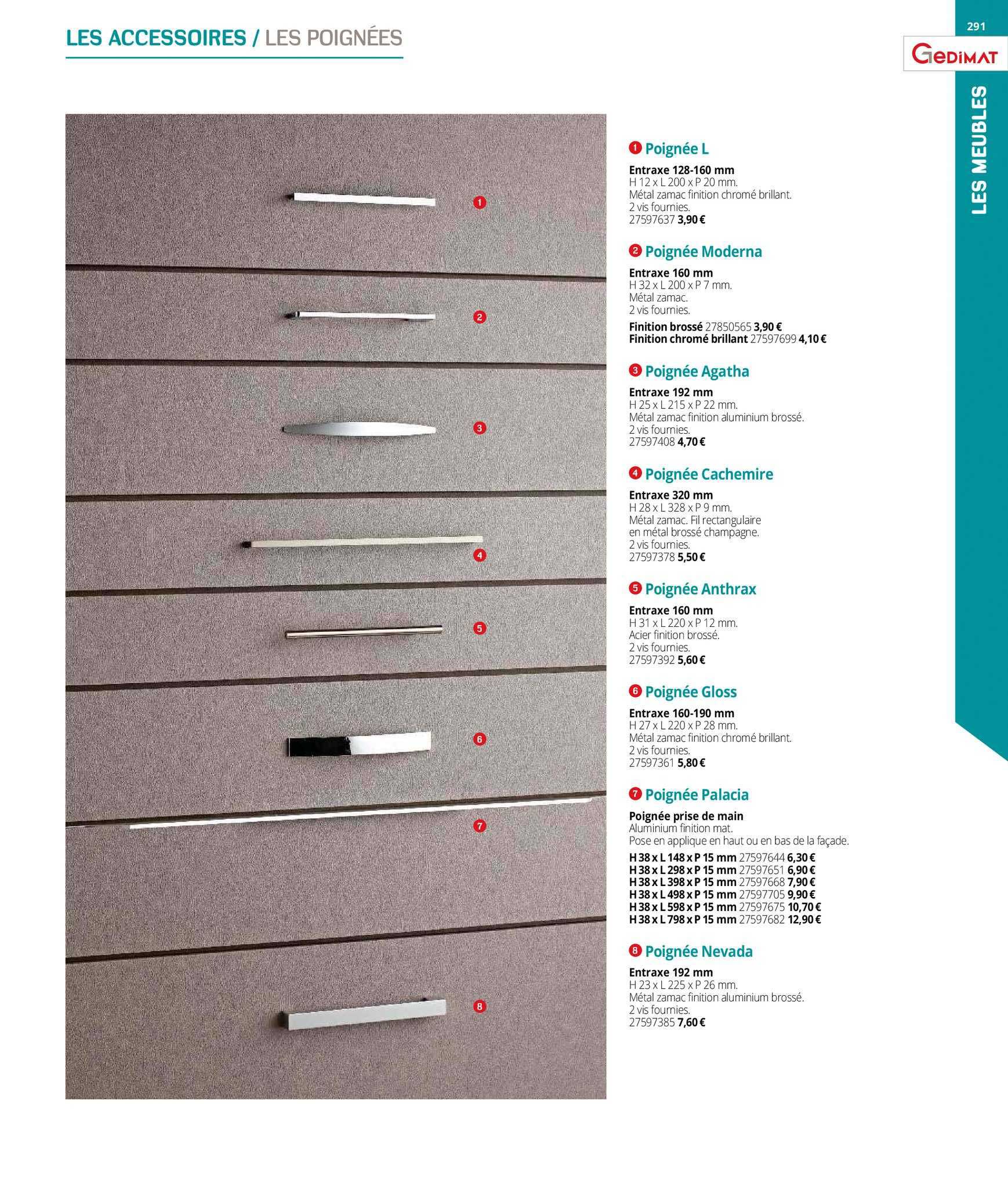 poignée l, poignée moderna, poignée agatha, poignée cachemire, poignée anthrax, poignée gloss