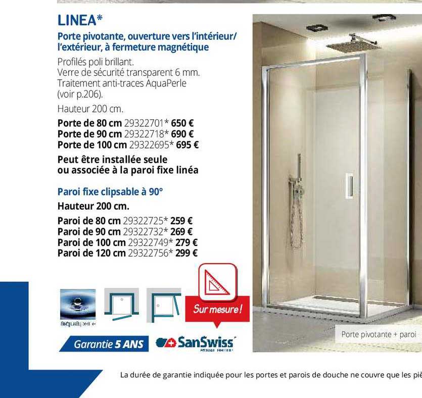 porte pivotante, ouverture vers l'intérieur - l'extérieur, à fermeture magnétique linea , paroi fixe clipsable à 90°