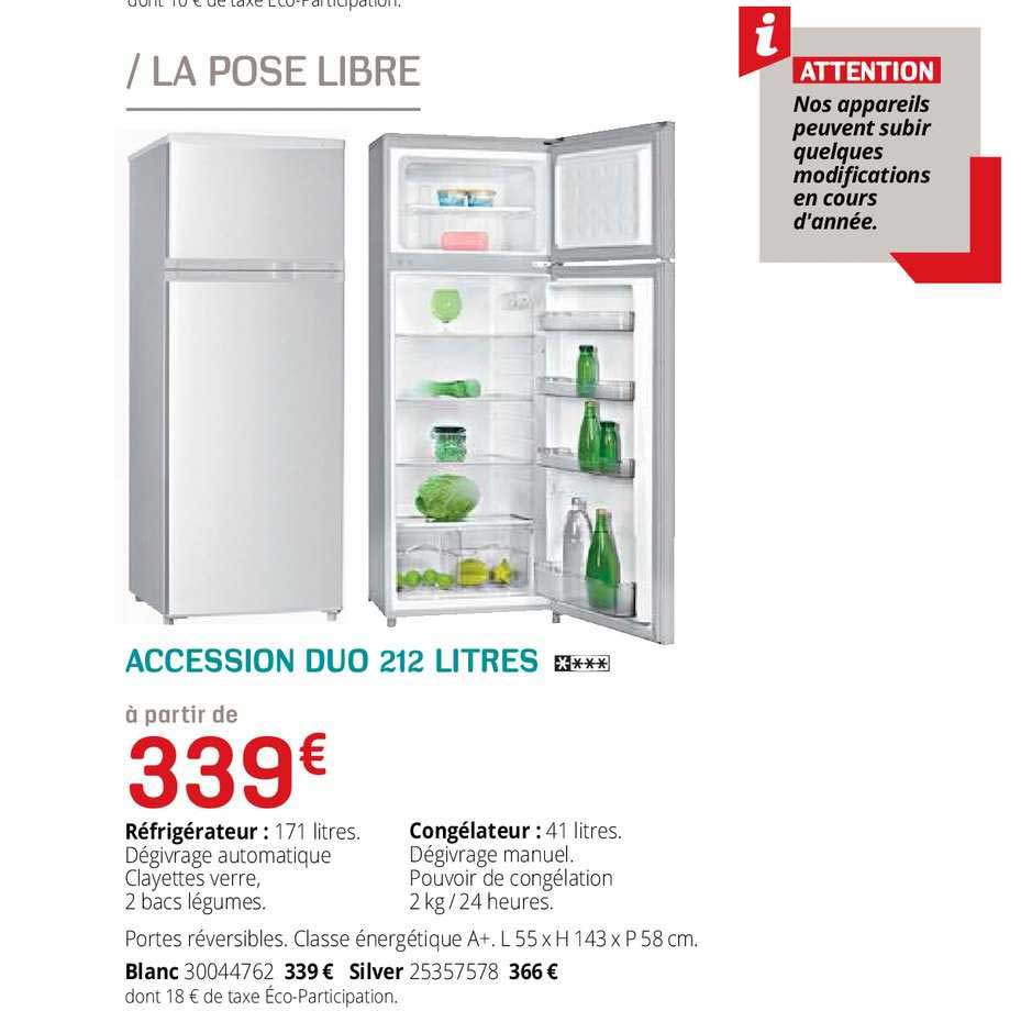 réfrigérateur, congélateur accession duo 212 litres