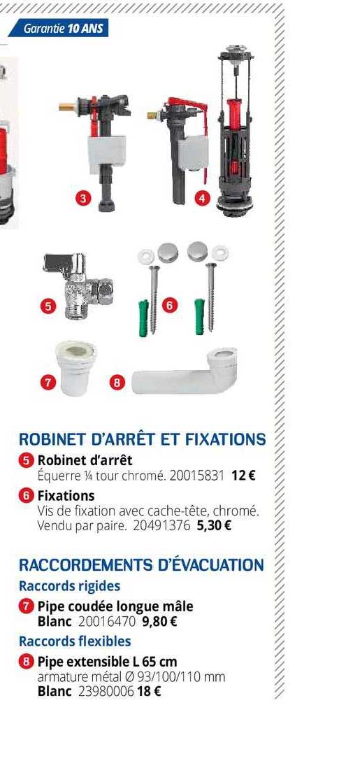 robinet d'arrêt et fixations, raccordements d'évacuation