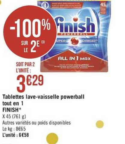 tablettes lave vaisselle powerball tout en 1 finish -100% sur le 2ème