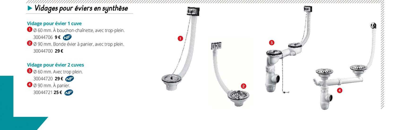 vidage pour évier 1 cuve, vidage pour évier 2 cuves