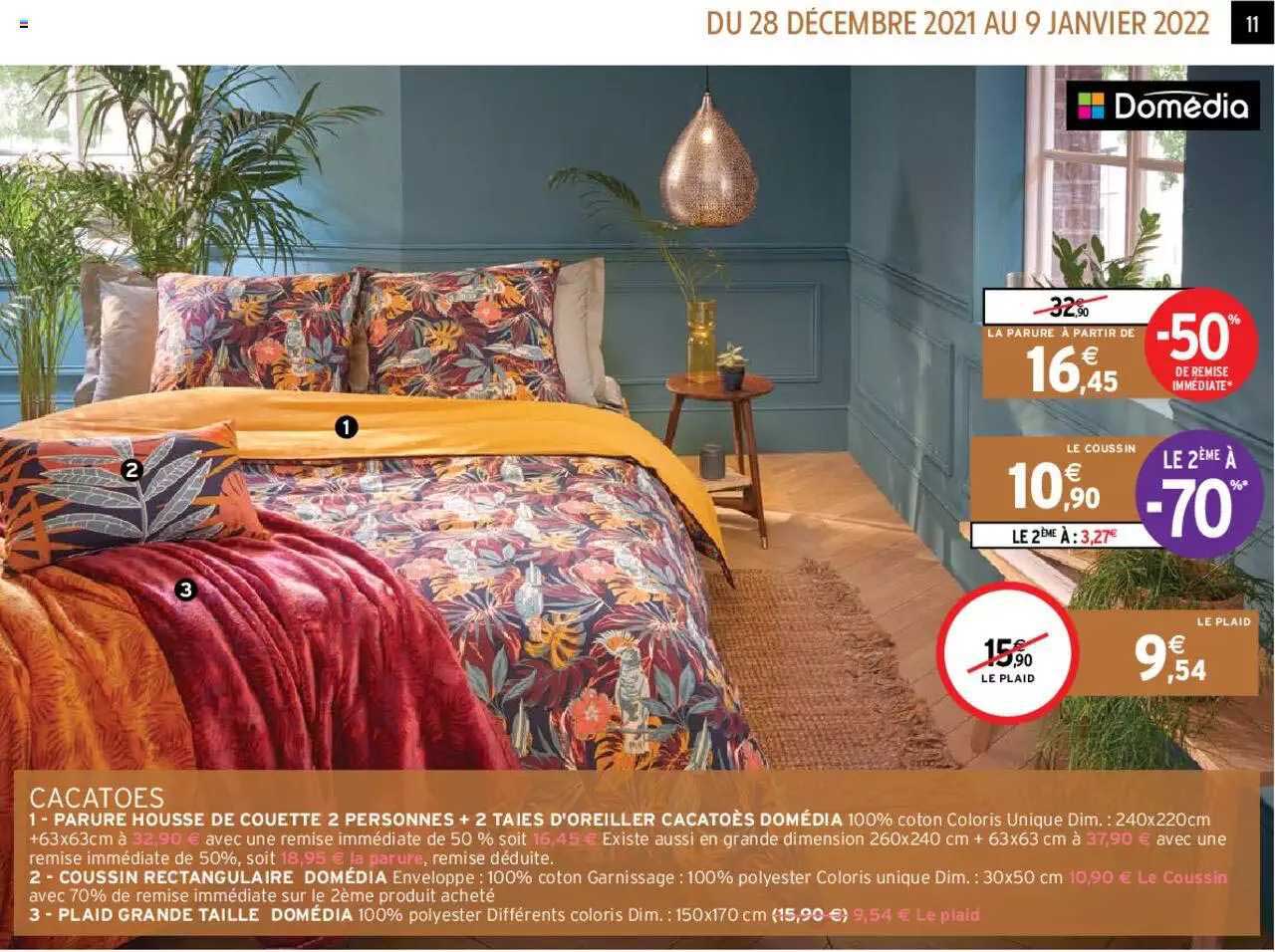 cacatoes : parure housse de couette 2 personnes + 2 taies d'oreiller cacatoès domédia, coussin rectangulaire domédia, plaid grande taille domédia