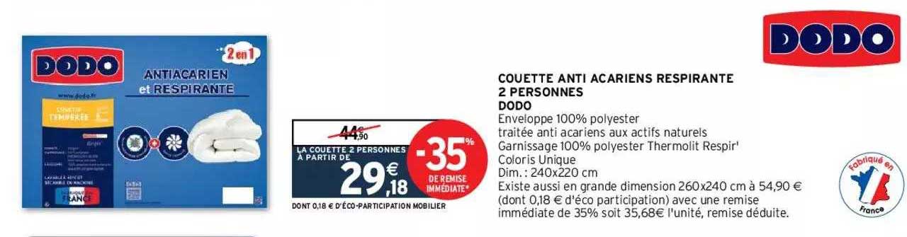 couette anti acariens respirante 2 personnes dodo