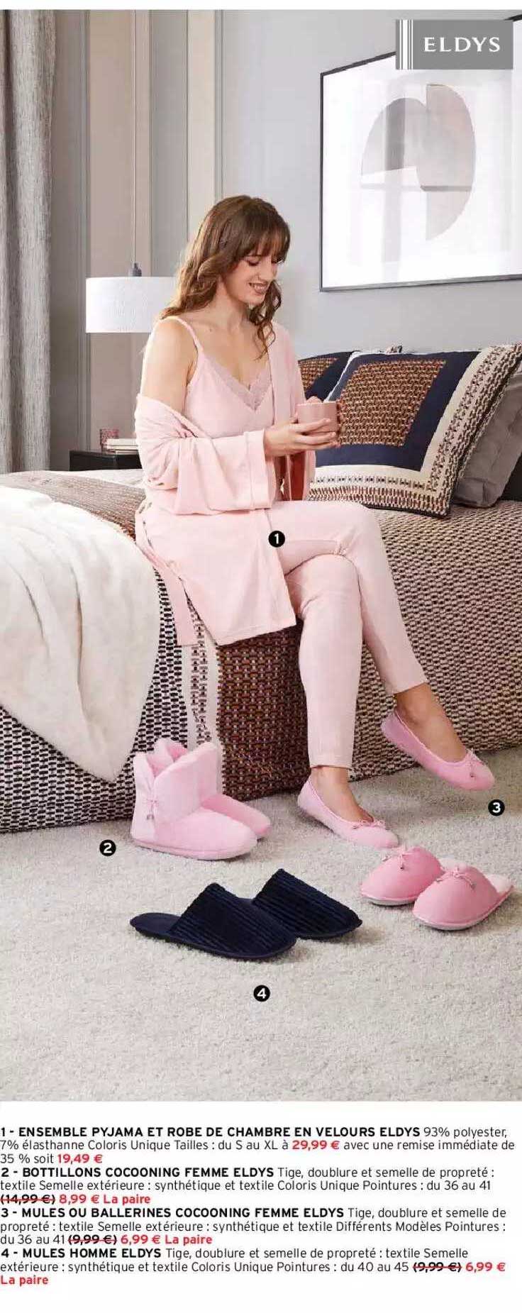 ensemble pyjama et robe de chambre eldys, bottillon cocooning femme eldys, mules ou ballerine cocooning femm eldys, mules homme eldys