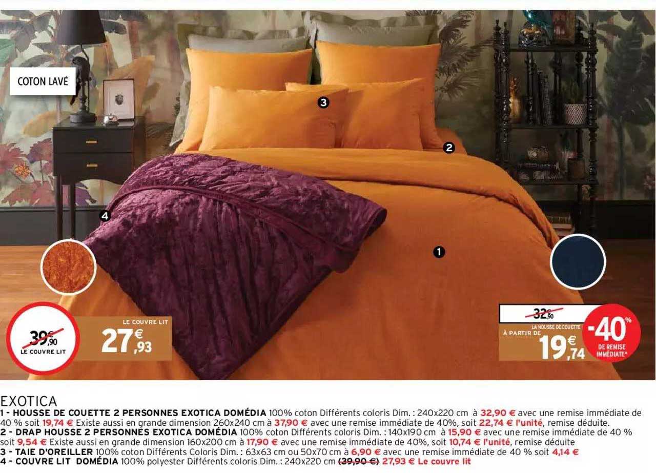 exotica : housse de couette 2 personnes exotica domédia, drap housse 2 personnes exotica domédia, taie d'oreiller, couvre lit domédia