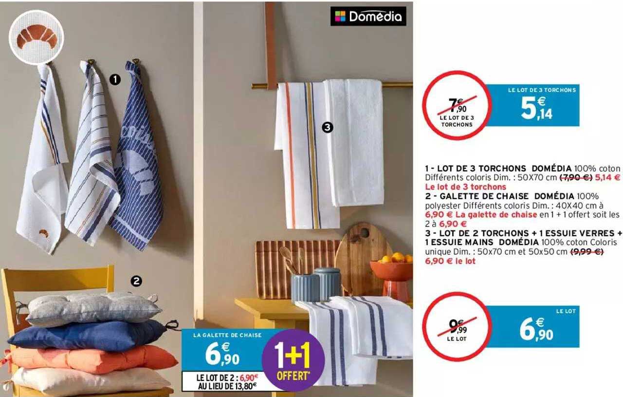 lot de 3 torchons domédia, galette de chaise domédia, lot de 2 torchons + 1 essuie verres + 1 essuie mains domédia