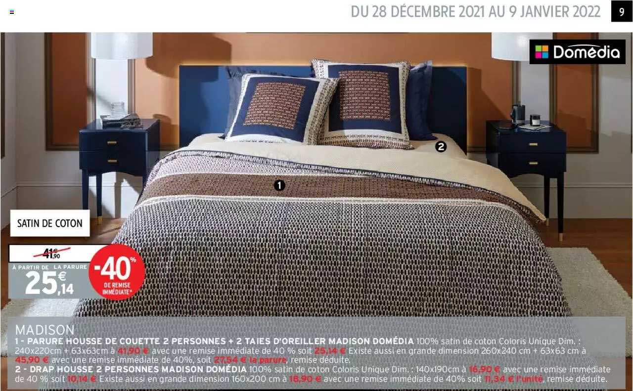 madison : parure housse de couette 2 personnes + 2 taies d'oreiller madison domédia, drap housse 2 personnes madison domédia