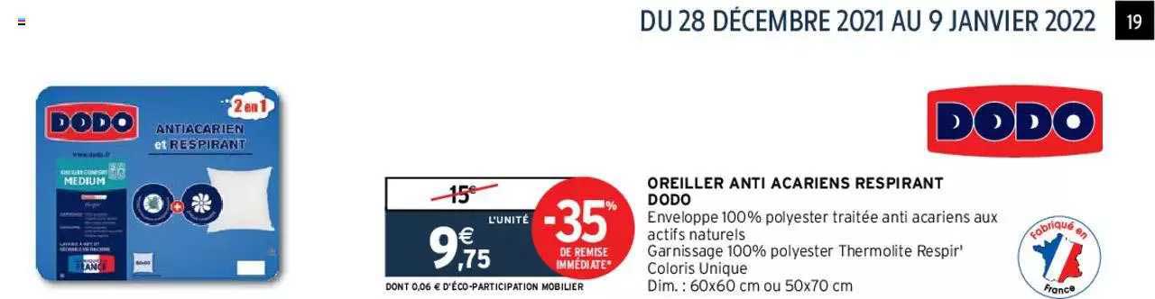 oreiller anti acariens respirant dodo