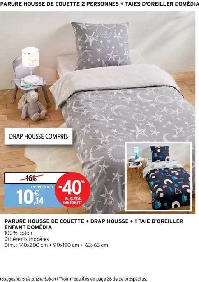 parure housse de couette + drap housse + 1 taie d'oreiller enfant domédia