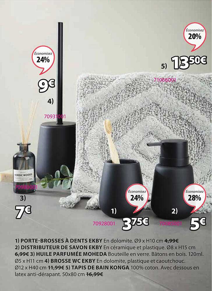 porte-brosses à dents ekby, distributeur de savon ekby, huile parfumée moheda, brosse wc ekby, tapis de bain konga