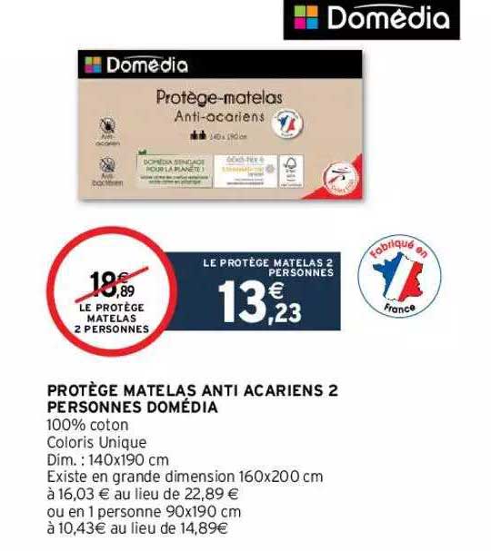 protège matelas anti acariens 2 personnes domédia
