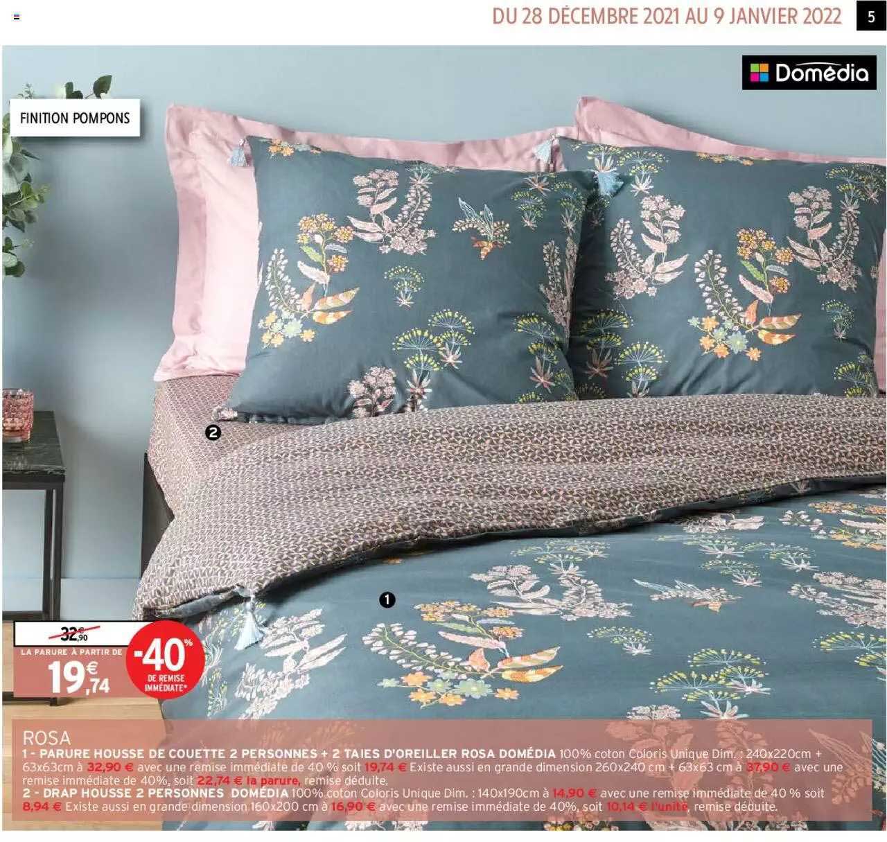 rosa : parure housse de couette 2 personnes + 2 taies d'oreiller rosa domédia, drap housse 2 personnes domédia