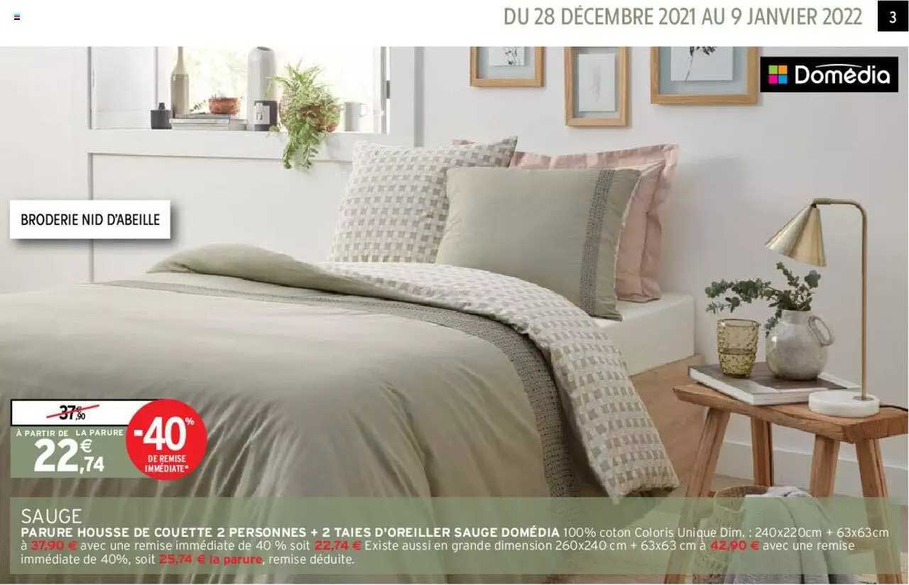 sauge : parure housse de couette 2 personnes + 2 taies d'oreiller sauge domédia