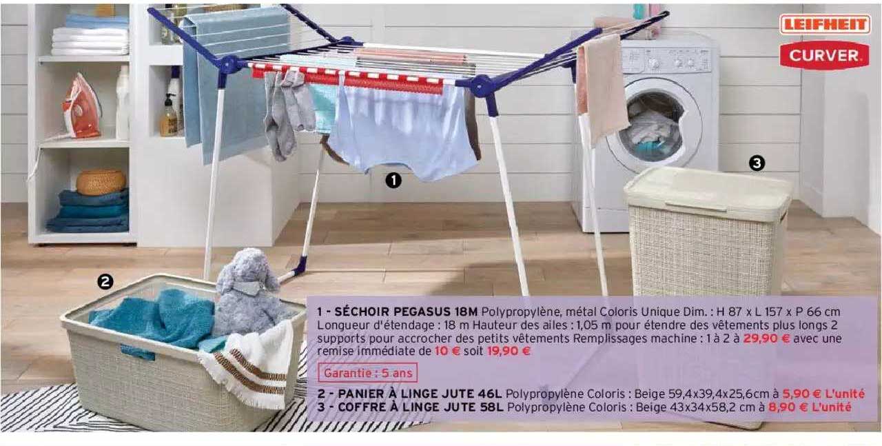 séchoir pegasus 18m, panier à linge jute 46l, coffre à linge jute 58l