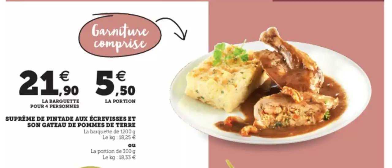 suprême de pintade aux écrevisses et son gâteau de pommes de terre