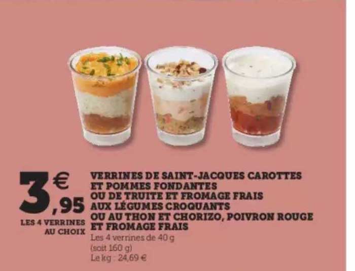 verrines de saint-jacques carottes et pommes fondantes ou de truite et fromage frais aux légumes croquants ou au thon et chorizo, poivron rouge et fromage frais