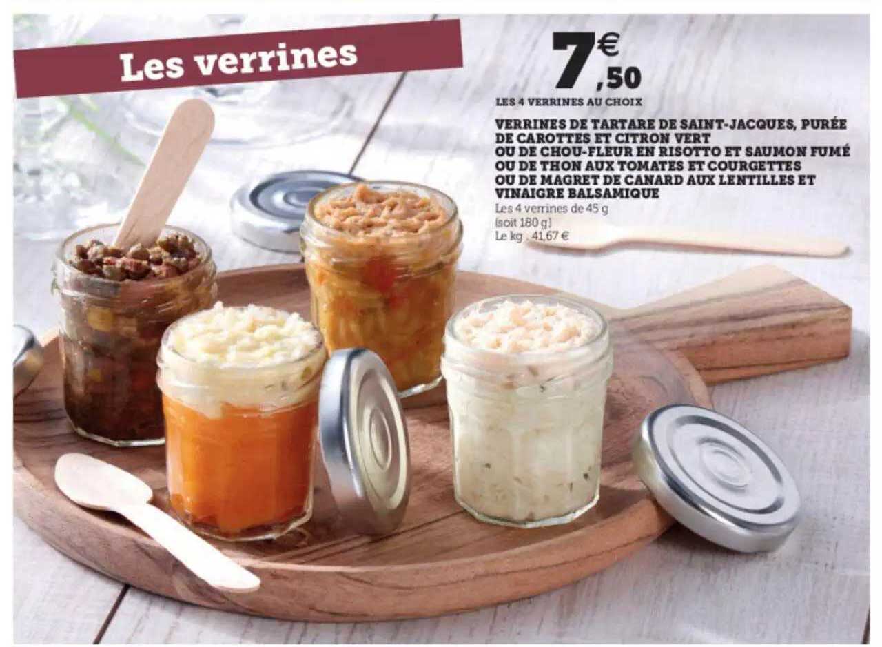 verrines de tartare saint-jacques, purée de carottes et citron vert ou de chou-fleur en risotto et saumon fumé ou de thon aux tomates et courgettes ou de magret de canard aux lentilles et vinaigre