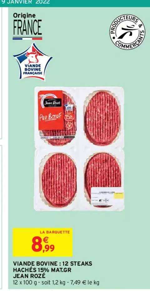 viande bovine : 12 steaks hachés 15% mat. gr. jean rozé