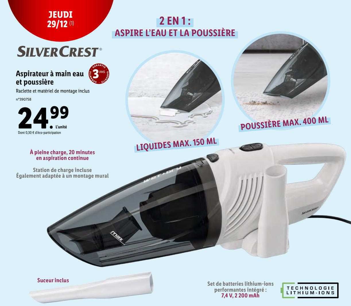 aspirateur à main eau et poussière silver crest