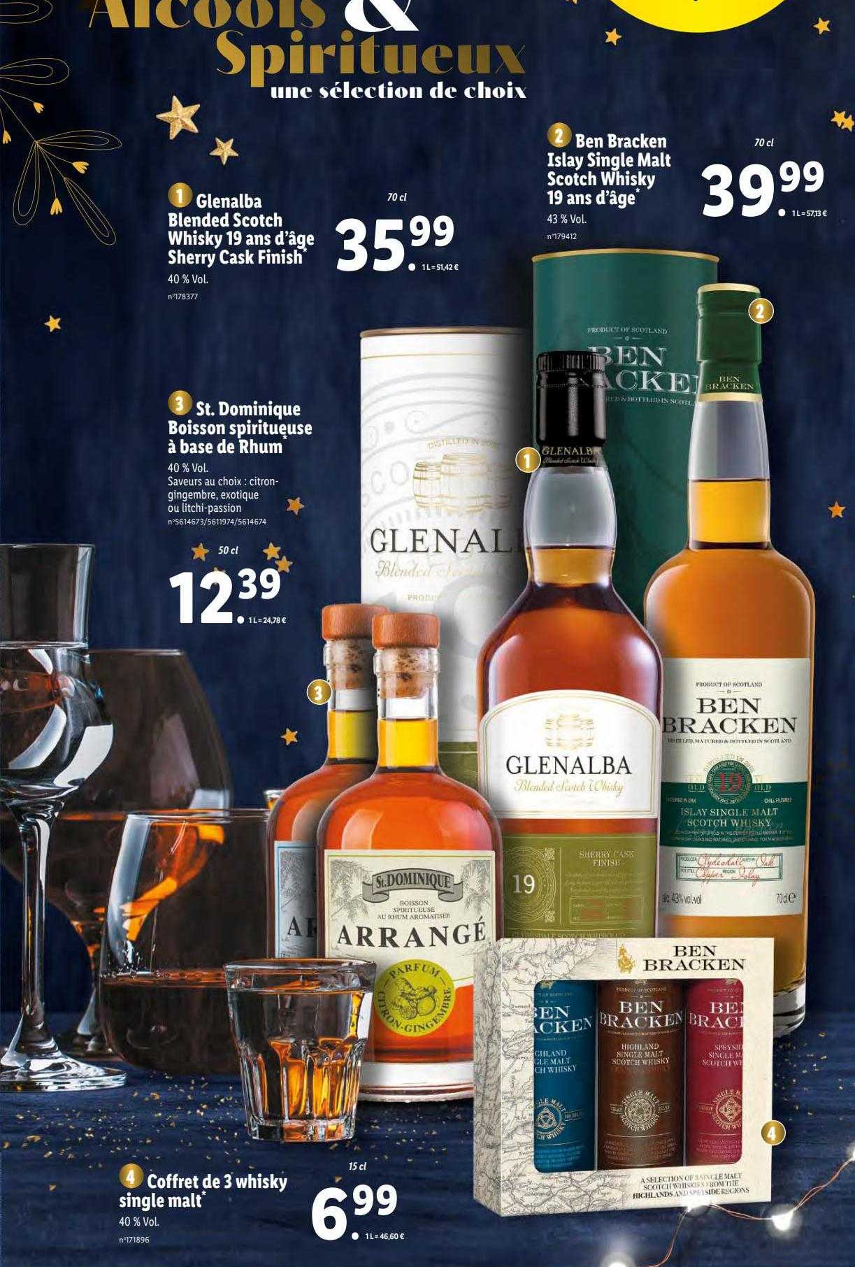 glenalba blended scotch whisky 19 ans d'âge sherry cask finish, ben bracken islay single malt scotch whisky 19 ans d'âge, st. dominique boisson spiritueuse à base de rhum, coffret de 3 whisky