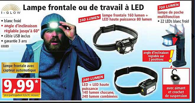 lampe frontale ou de travail à led i-glow
