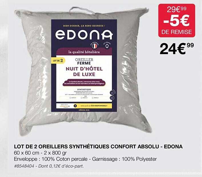 lot de 2 oreillers synthétiques confort absolu - edona
