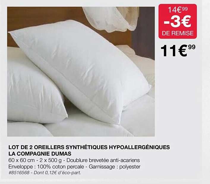 lot de 2 oreillers synthétiques hypoallergéniques la compagnie dumas