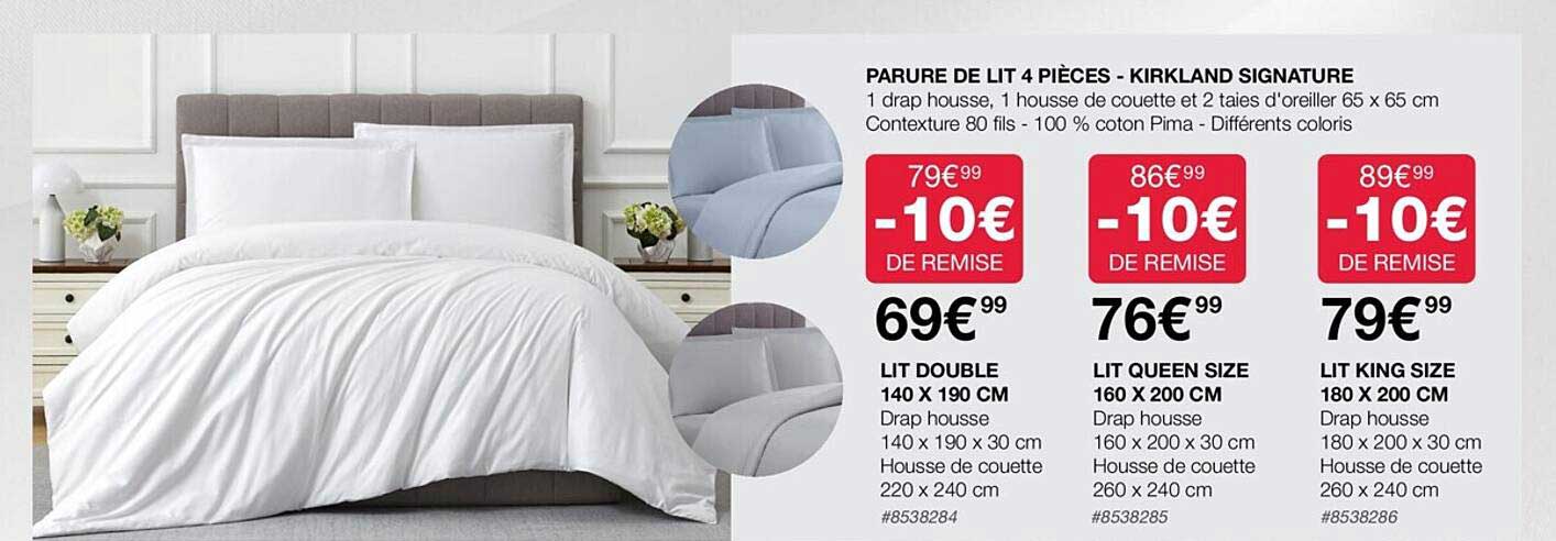 parure de lit 4 pièces - kirkland signature, lit double 140 x 190 cm, lit queen sizer 160 x 200 cm, lit king size 180 x 200 cm