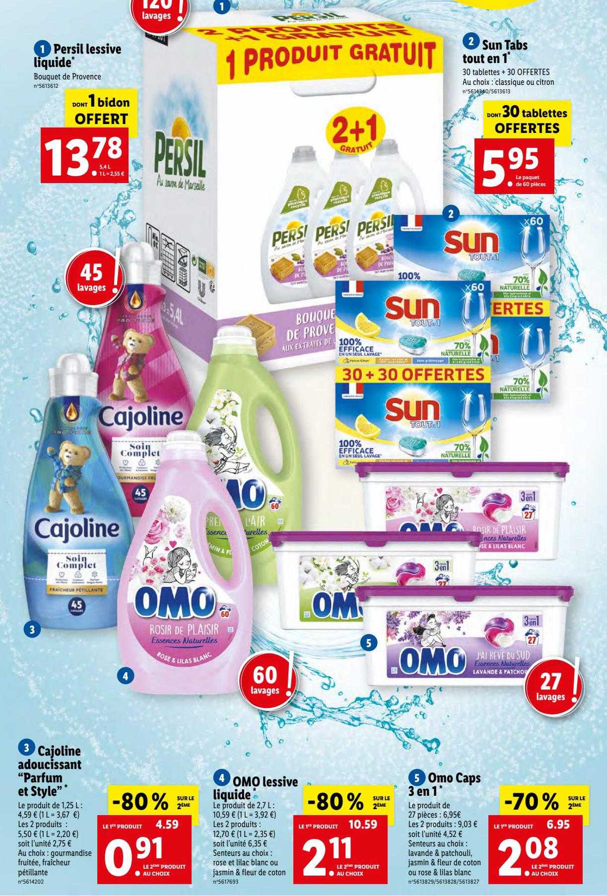 persil lessive liquide, sun tabs tout en 1, cajoline adoucissant "parfum et style", omo lessive liquide, omo caps 3 en 1