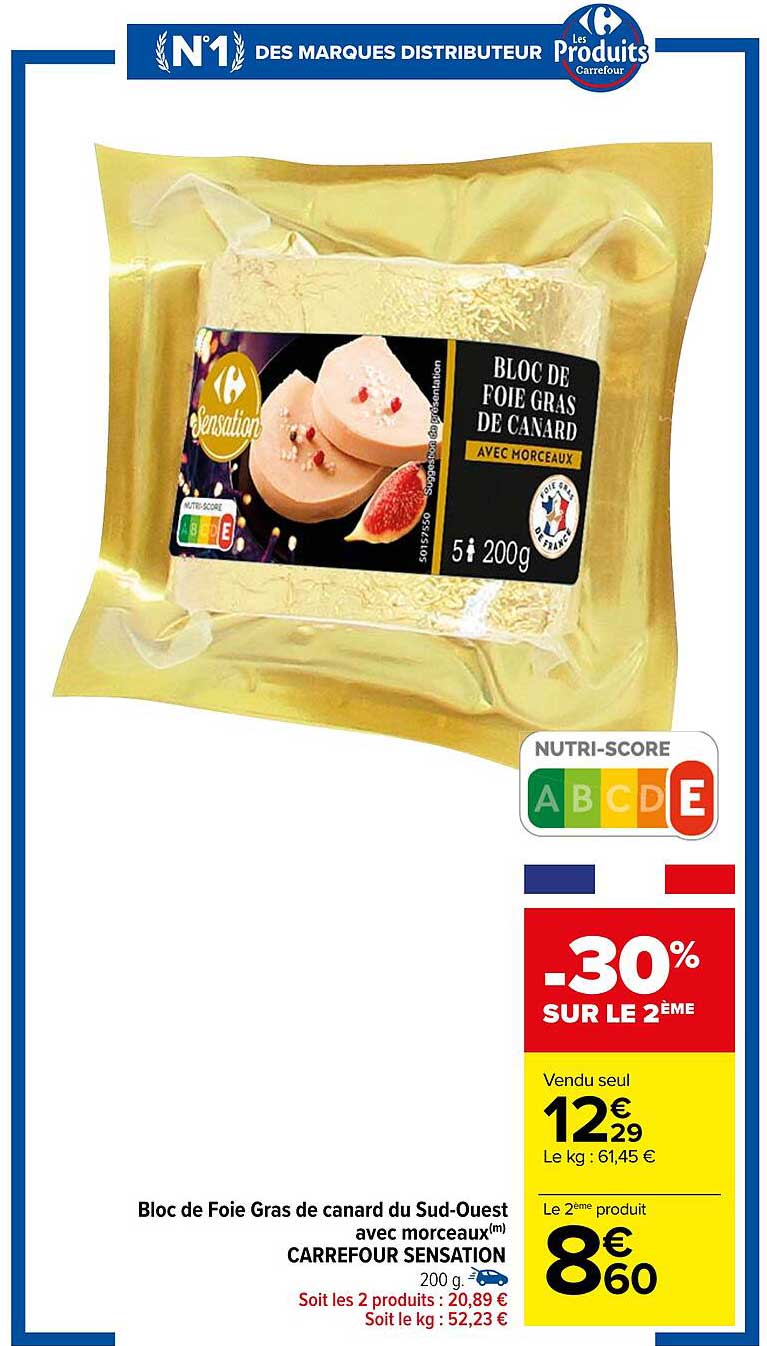 bloc de foie gras de canard du sud-ouest avec morceaux carrefour sensation