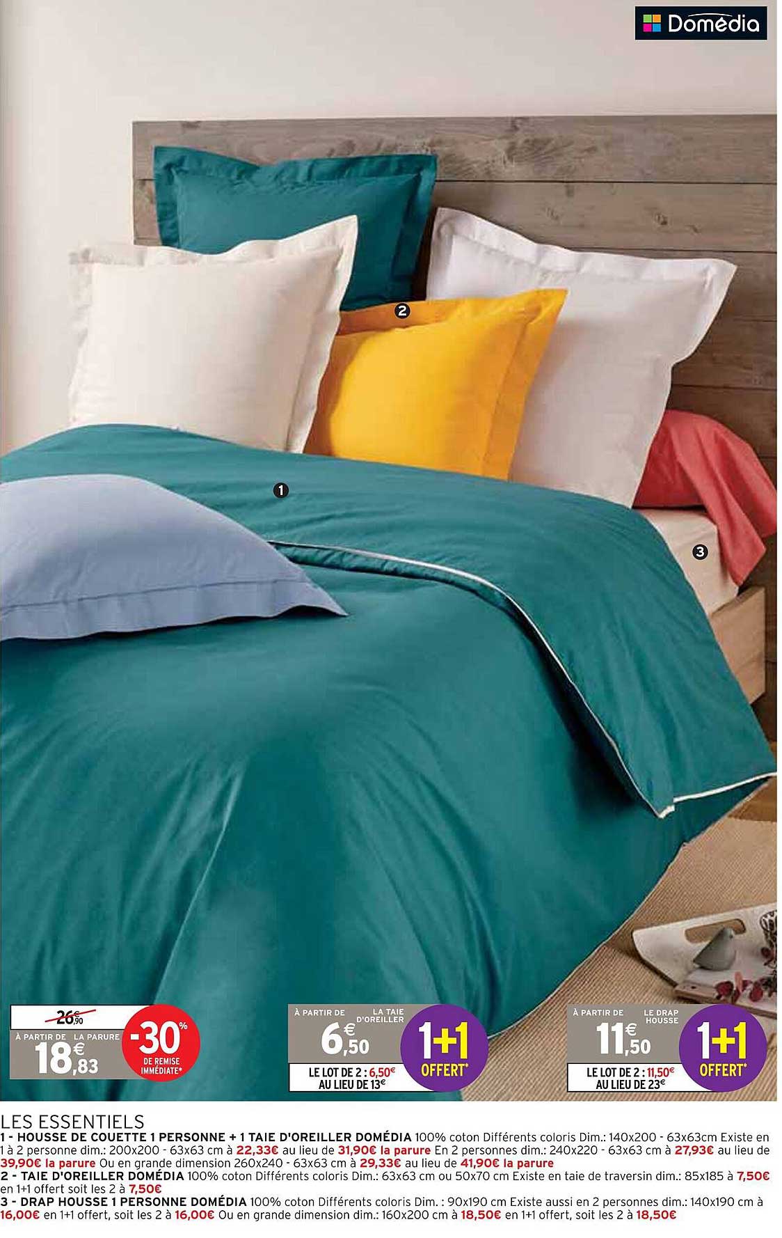 les essentiels : housse de couette 1 personne + 1 taie d'oreiller domédia, taie d'oreiller domédia, drap housse 1 personne domédia