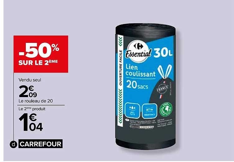 20 sacs lien coulissant carrefour essential