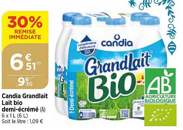 candia grand lait lait bio demi-écrémé