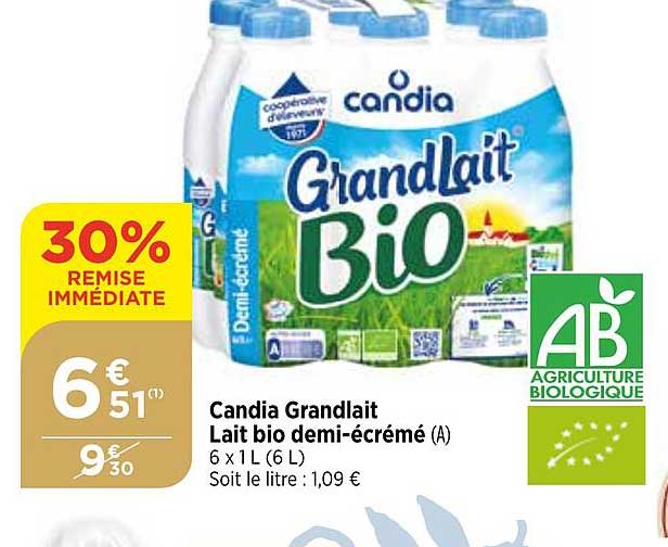 candia grand lait lait bio demi-écrémé