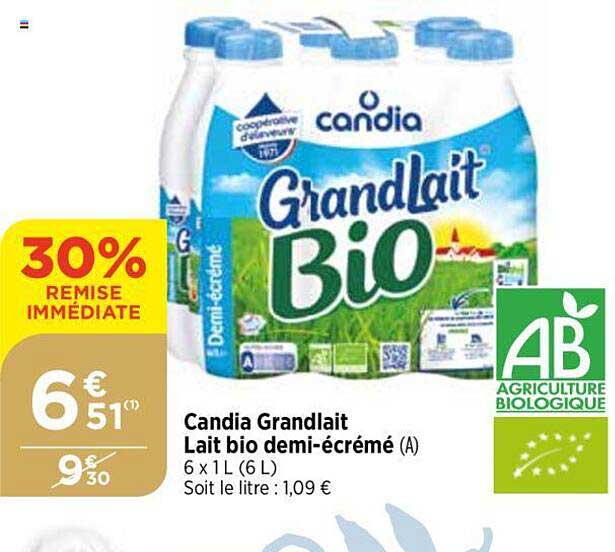 candia grandlait lait bio demi-écrémé