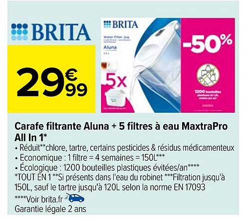 carafe filtrante aluna + 5  filtres à eau maxtra pro all in 1 brita
