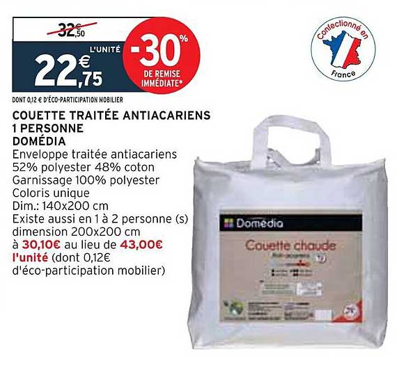 couette traitée antiacariens 1 personnes domédia