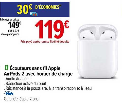 écouteurs sans fil apple airpods 2 avec boîtier de charge