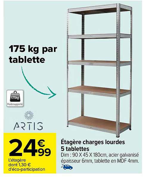 étagère charges lourdes 5 tablettes artis
