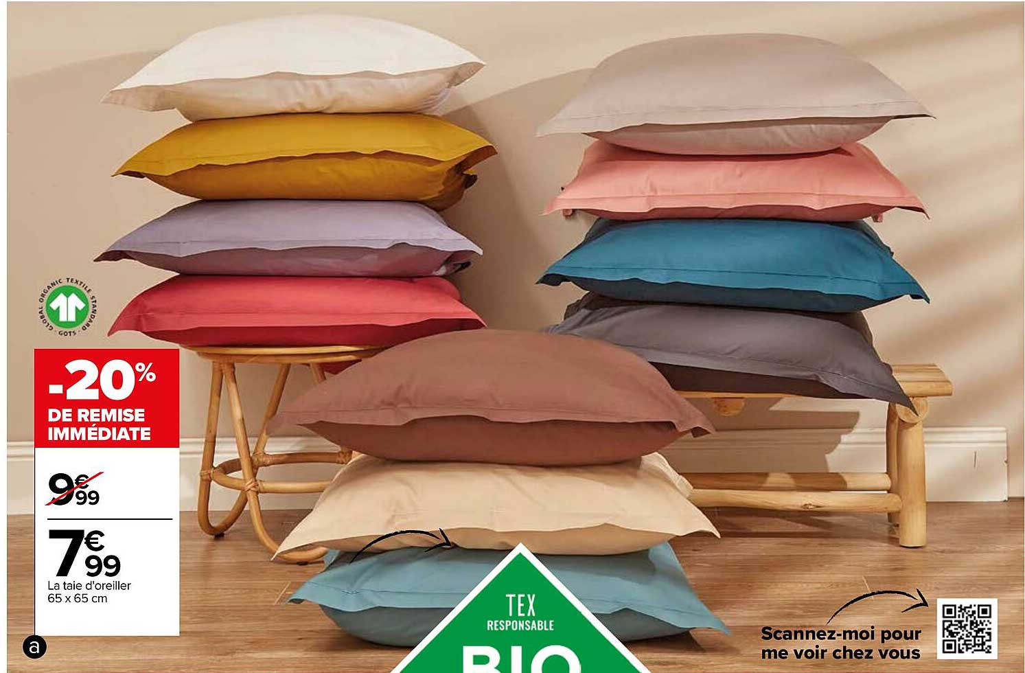 la taie d'oreiller 65 x 65 cm tex