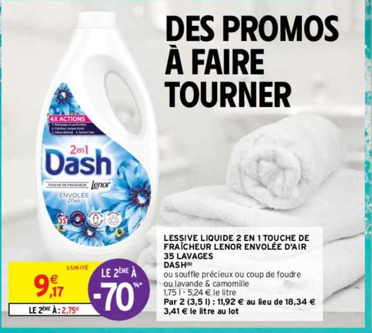 lessive liquide 2 en 1 touche de fraîcheur lenor envolée d'air 35 lavages dash