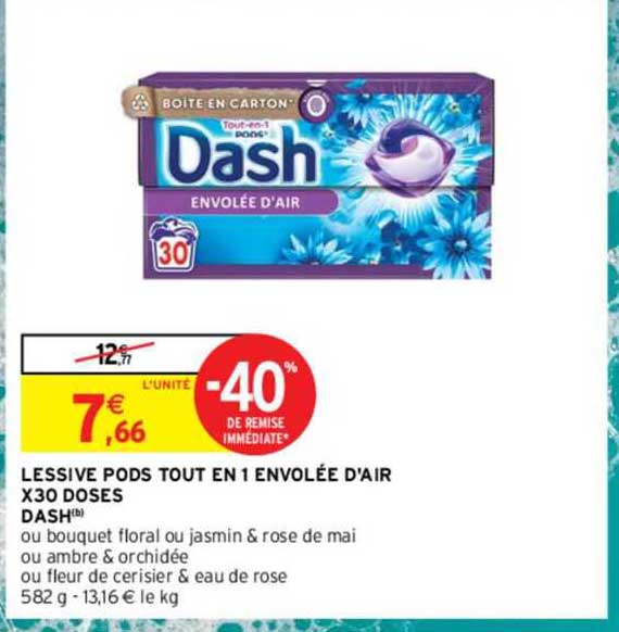 lessive pods tout en 1 envolée d'air x 30 doses dash