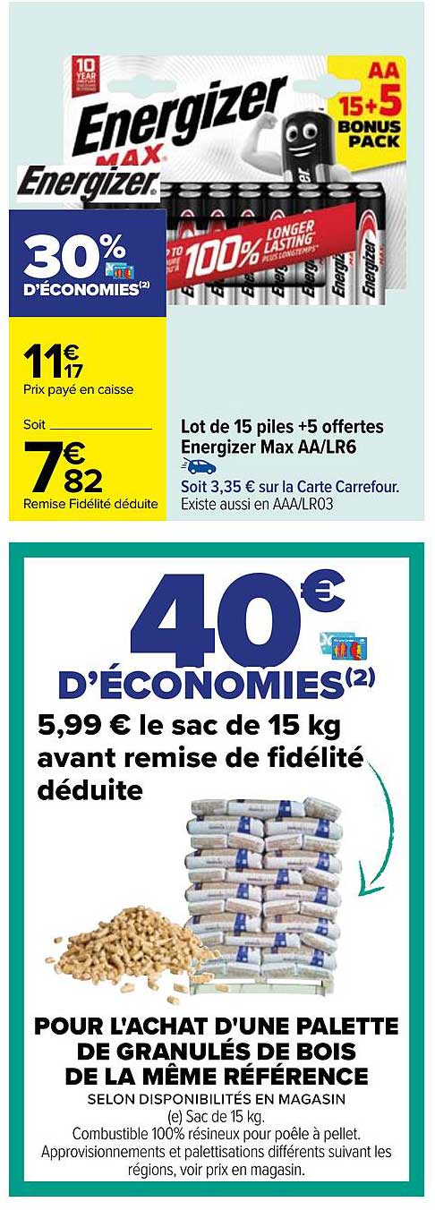 lot de 15 piles + 5 offertes energizer max aa/lr6, une palette de granulés de bois de la même référence